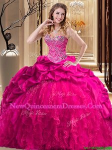 Trendy Hot Pink Sleeveless Beading and Ruffles Lace Up Vestidos de Quinceanera