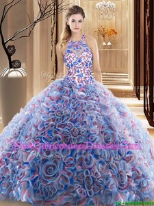 Stylish Sleeveless Ruffles and Pattern Criss Cross Quinceanera Dresses with Multi-color Brush Train