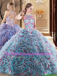 Sweep Train Ball Gowns Quinceanera Gowns Multi-color High-neck Fabric With Rolling Flowers Sleeveless Criss Cross