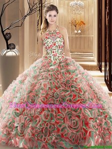 Affordable Multi-color Sleeveless Fabric With Rolling Flowers Brush Train Criss Cross Quinceanera Dresses for Military Ball and Sweet 16 and Quinceanera