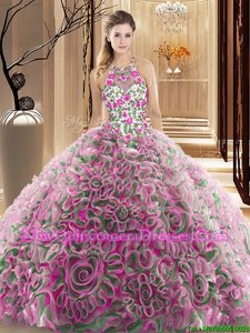 Lovely Ruffles and Pattern Vestidos de Quinceanera Multi-color Criss Cross Sleeveless Brush Train