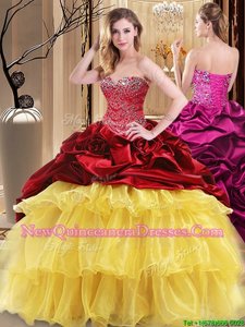 Best Selling Red and Yellow Sleeveless Beading and Ruffles Floor Length Quince Ball Gowns