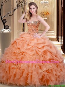Extravagant Beading and Ruffles and Pick Ups Quince Ball Gowns Orange Lace Up Sleeveless Floor Length