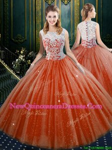 Floor Length Orange Sweet 16 Dress Tulle Sleeveless Spring and Summer and Fall and Winter Lace