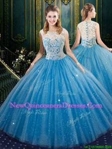 Customized Blue Sleeveless Tulle Zipper Quinceanera Gown for Military Ball and Sweet 16 and Quinceanera