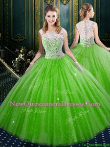 Custom Fit Spring Green Sleeveless Lace Floor Length Sweet 16 Quinceanera Dress