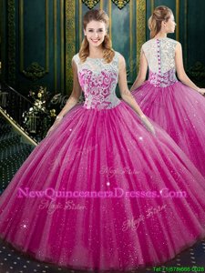Excellent High-neck Sleeveless Quince Ball Gowns Floor Length Lace Fuchsia Tulle