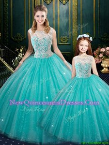 Fashion Turquoise Tulle Zipper Quinceanera Gown Sleeveless Floor Length Lace