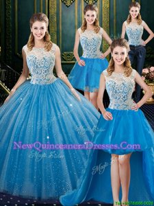 Hot Selling Four Piece Floor Length Zipper Quince Ball Gowns Baby Blue and In for Military Ball and Sweet 16 and Quinceanera withLace Brush Train