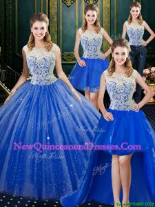 Noble Four Piece Royal Blue Zipper Quinceanera Dresses Lace Sleeveless Floor Length Brush Train
