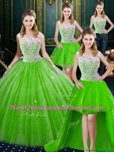 High End Four Piece Spring Green Zipper High-neck Lace Ball Gown Prom Dress Tulle Sleeveless Brush Train