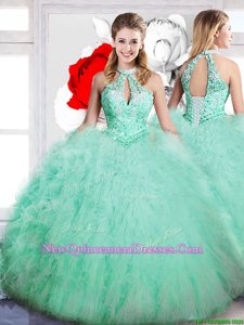 Super High-neck Sleeveless Quince Ball Gowns Floor Length Beading Apple Green Tulle