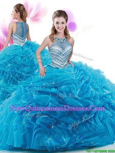 Flare Baby Blue Sleeveless Ruffles Zipper 15 Quinceanera Dress