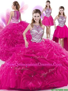 Unique Four Piece Hot Pink Ball Gowns Beading and Pick Ups Quinceanera Dress Zipper Organza Sleeveless Floor Length