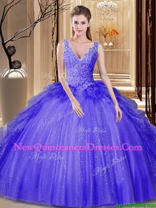 Backless V-neck Sleeveless Ball Gown Prom Dress Floor Length Appliques and Ruffles and Sequins Lavender Tulle and Sequined