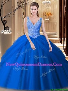 Unique Tulle V-neck Sleeveless Backless Lace and Pick Ups Sweet 16 Dresses inBlue