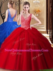 Pretty Red Ball Gowns Tulle V-neck Sleeveless Lace and Appliques and Pick Ups Floor Length Backless Sweet 16 Quinceanera Dress