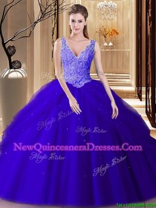 Best Selling Royal Blue and Navy Blue Quinceanera Dresses Military Ball and Sweet 16 and Quinceanera and For withLace and Appliques and Pick Ups V-neck Sleeveless Backless