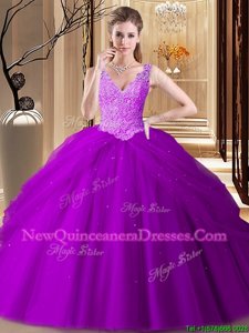 Purple Sleeveless Floor Length Appliques and Pick Ups Backless 15th Birthday Dress
