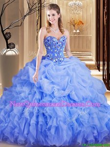 Custom Designed Sleeveless Brush Train Embroidery and Ruffles and Pick Ups Lace Up 15 Quinceanera Dress