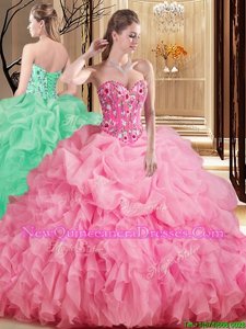 Charming Pick Ups Rose Pink Sleeveless Organza Brush Train Lace Up Sweet 16 Quinceanera Dress for Prom and Military Ball and Sweet 16 and Quinceanera