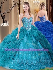 Cute Sweetheart Sleeveless Quinceanera Gown Floor Length Embroidery and Pick Ups Teal Organza