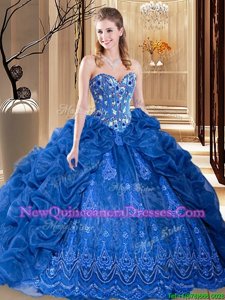On Sale Sleeveless Embroidery and Pick Ups Lace Up Ball Gown Prom Dress with Royal Blue Court Train