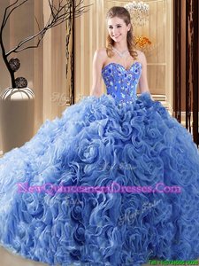 Excellent Blue Sweetheart Lace Up Embroidery and Ruffles Quinceanera Gown Court Train Sleeveless