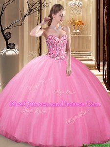 Flirting Sweetheart Sleeveless Lace Up 15 Quinceanera Dress Rose Pink Tulle