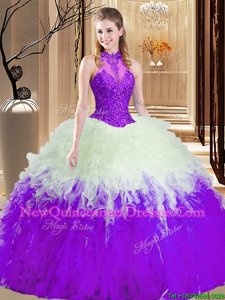 Spectacular Spring and Summer and Fall and Winter Tulle Sleeveless Floor Length Quinceanera Dress andLace and Appliques and Ruffles