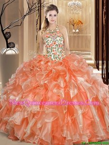 Sophisticated Orange Backless Scoop Embroidery and Ruffles Sweet 16 Dresses Organza Sleeveless