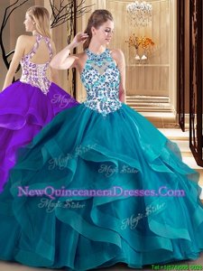 Artistic Teal Scoop Lace Up Embroidery and Ruffles Quince Ball Gowns Brush Train Sleeveless