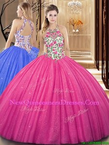 Superior Sequins Ball Gowns Quince Ball Gowns Hot Pink Scoop Tulle Sleeveless Floor Length Backless