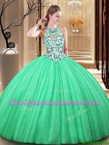 Hot Sale Lace and Appliques Sweet 16 Quinceanera Dress Green Lace Up Sleeveless Floor Length