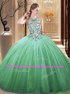 Vintage Floor Length Green Sweet 16 Dress High-neck Sleeveless Lace Up