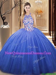 Elegant V-neck Sleeveless Tulle Quinceanera Dresses Lace and Appliques Lace Up