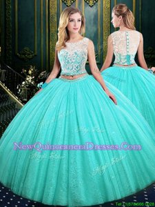Delicate Blue Lace Up Scoop Lace and Sequins Sweet 16 Dress Tulle and Sequined Sleeveless