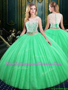Amazing Scoop Sleeveless Floor Length Lace and Sequins Lace Up Quinceanera Gown with Spring Green