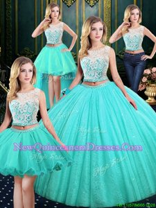 Superior Four Piece Blue Ball Gowns Scoop Sleeveless Tulle and Sequined Floor Length Lace Up Lace and Sequins Quinceanera Gowns