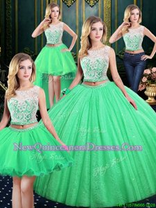 Best Selling Four Piece Sequins Ball Gowns Quince Ball Gowns Spring Green Scoop Tulle and Sequined Sleeveless Floor Length Lace Up