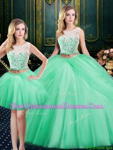 Smart Three Piece Scoop Sleeveless Satin and Tulle Floor Length Lace Up Quinceanera Dress inApple Green withLace and Pick Ups