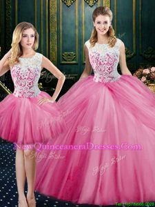 Colorful Three Piece Scoop Spring and Summer and Fall and Winter Tulle Sleeveless Floor Length Quinceanera Gown andLace and Pick Ups
