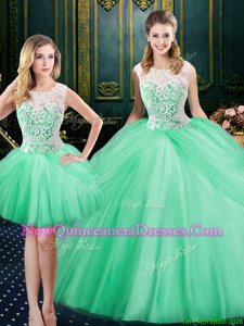 Delicate Three Piece Scoop Floor Length Lace Up Sweet 16 Dresses Apple Green and In for Military Ball and Sweet 16 and Quinceanera withLace and Pick Ups