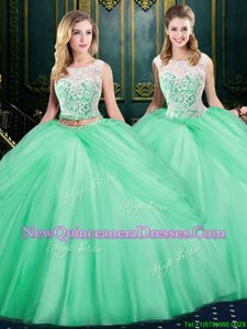 Best Apple Green Zipper Scoop Lace and Pick Ups Quinceanera Dress Tulle Sleeveless
