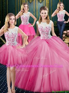 Spectacular Four Piece Scoop Spring and Summer and Fall and Winter Tulle Sleeveless Floor Length Vestidos de Quinceanera andLace and Appliques and Pick Ups