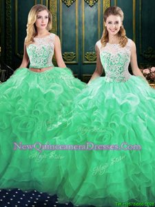 Scoop Lace Up Vestidos de Quinceanera Green and In for Military Ball and Sweet 16 and Quinceanera withLace and Ruffles Court Train