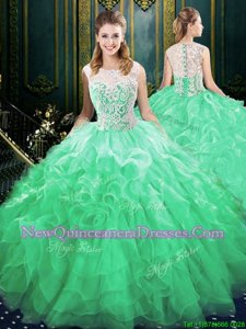 Green Organza and Tulle Zipper Scoop Sleeveless Quinceanera Gown Brush Train Appliques and Ruffles