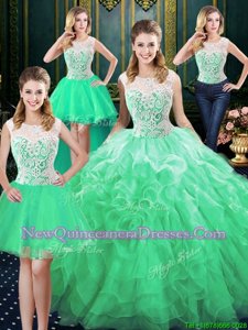 Fantastic Four Piece Floor Length Green Sweet 16 Dresses Scoop Sleeveless Zipper