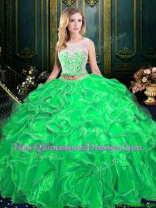 Sweet Spring Green Zipper Scoop Lace and Ruffles Ball Gown Prom Dress Organza Sleeveless