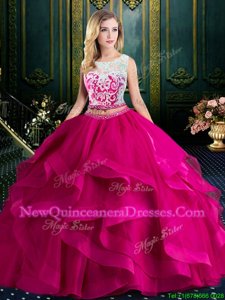 Exceptional Fuchsia Lace Up Scoop Lace and Ruffles Sweet 16 Dresses Tulle Sleeveless Brush Train